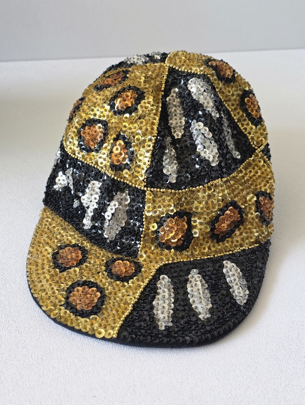 Y2K Sequin Leopard Print Hat Gold Black Mob Wife McBling Glam Statement Cap Vtg - Picture 13 of 16